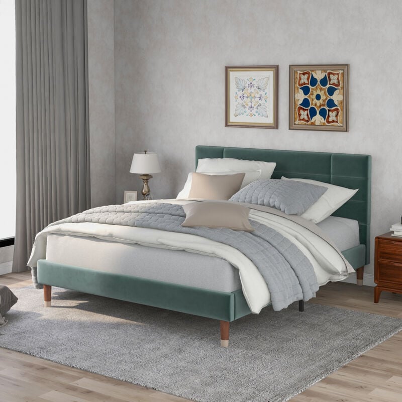 Lit capitonné adulte, avec tête de lit, sommier à lattes, 140x200cm, en bois, vert foncé(sans matelas)