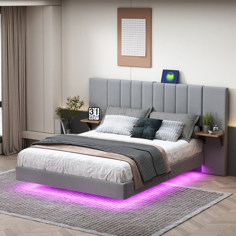 Lit adulte, lit capitonné double, tête de lit et dossier allongés, USB, LED, lin, 140x200 cm, gris, sans matelas