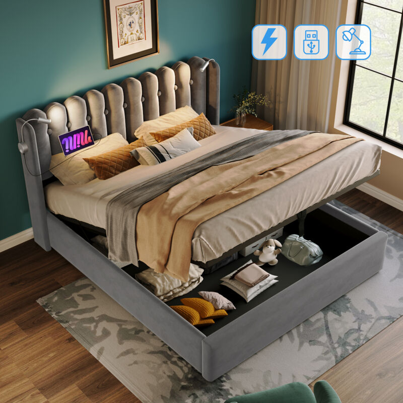 Lit capitonné lit double liseuse avec fonction de chargement tête de lit espace de rangement cadre de lit lit d'adolescent en velours 140x200 avec