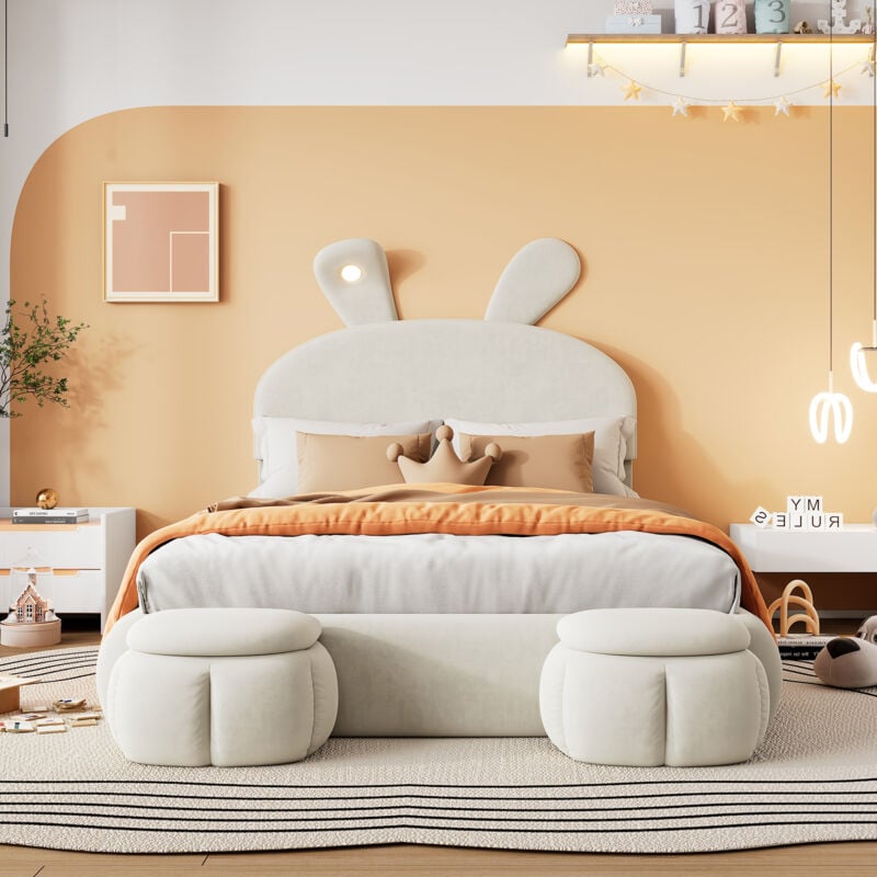 Redom - Lit coffre 140x200, lampe à luminosité réglable, 2 tabourets de rangement, velours, beige, sans matelas