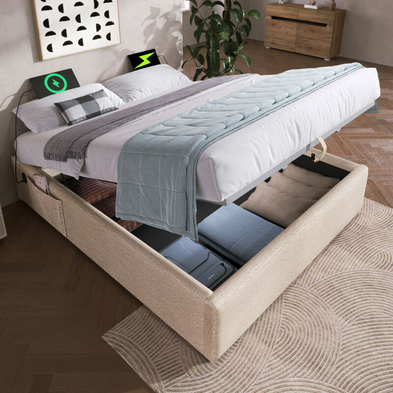 Okwish - Lit coffre 140×200 cm lit double rembourré avec usb-c et sommier à lattes, tissu en lin, beige, sans matelas