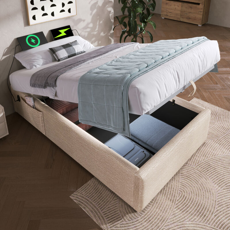 Okwish - Lit coffre 90×200 cm lit simple rembourré avec usb-c et sommier à lattes, tissu en lin, beige, sans matelas