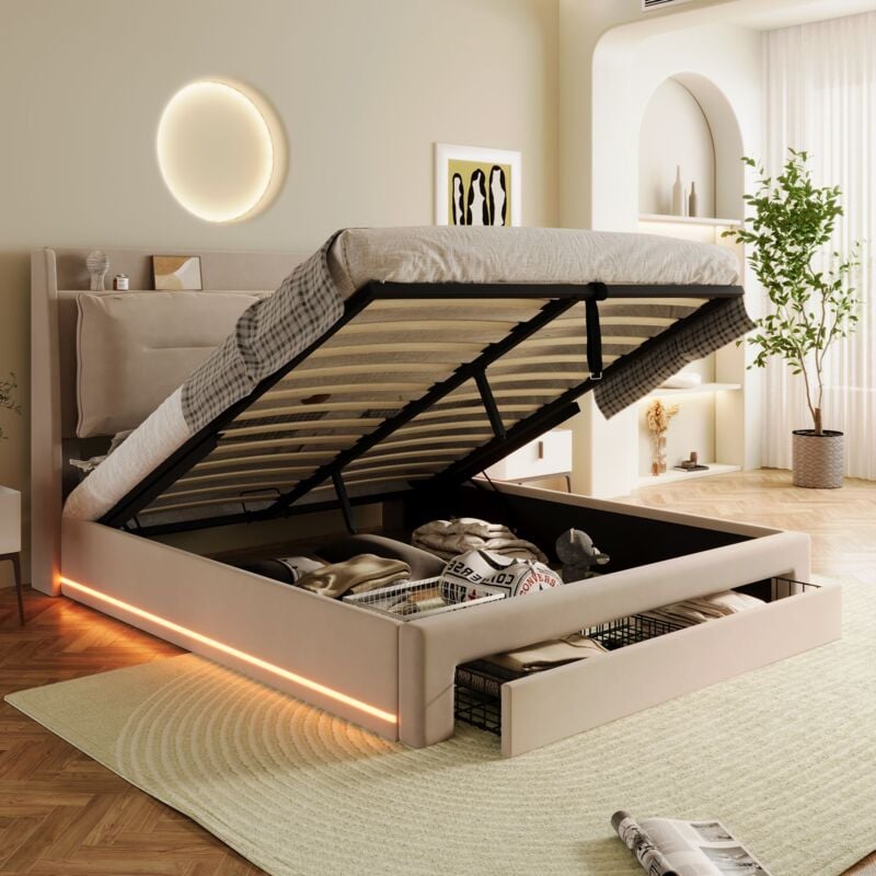 Okwish - Lit coffre 160x200 cm lit hydraulique avrec lumineux led, tiroirs de rangement et sommier à lattes, en velours, beige, sans matelas