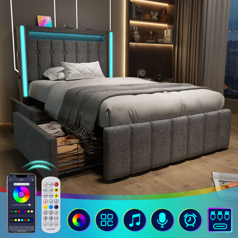 Wishdor - Lit avec tiroirs Lit adulte Lit simple 90 x 200 cm avec fonction de chargement usb Type c, led et 2 tiroirs, gris, sans matelas