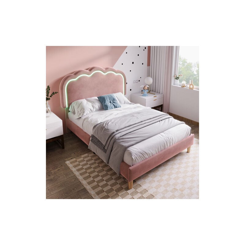 Lit capitonné simple Lit adolescent 90 x 190 cm avec sommier à lattes et tête de lit LED réglable, velours, rose