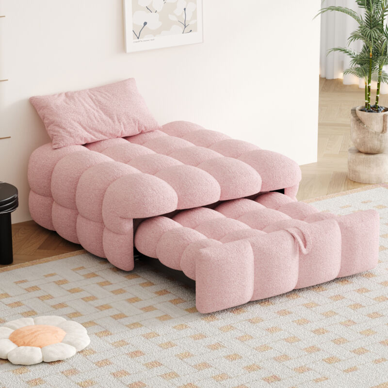 Lit capitonné ultra-doux en tissu teddy - Canapé-lit convertible pour salon ou chambre - Couleur rose poudré tendance