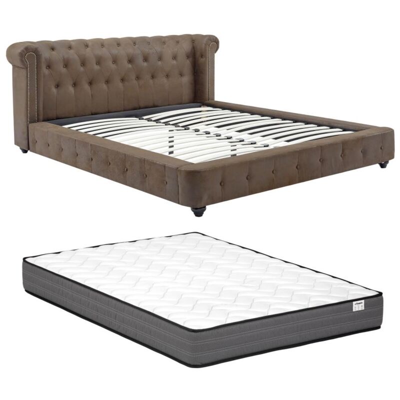 Lit chesterfield 180 x 200 cm - Tissu effet cuir vieilli - Marron + Matelas - TONGERLA