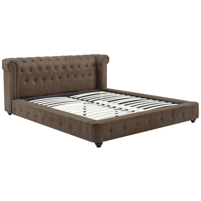 Lit chesterfield 180 x 200 cm - Tissu effet cuir vieilli - Marron - TONGERLA