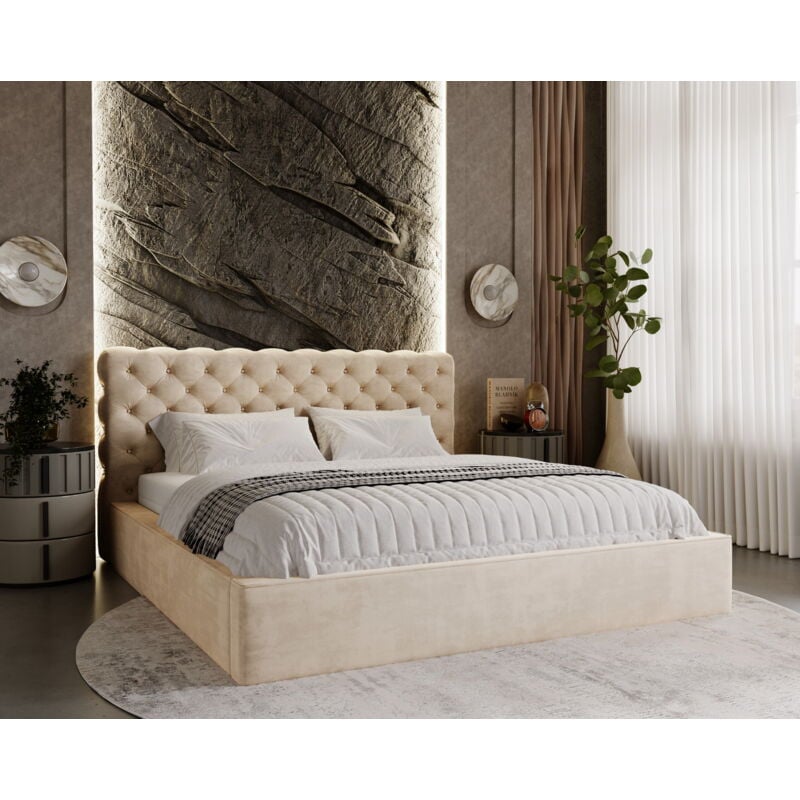 Emporius - Ali Lit double 200x200 - Lit glamour, Lit coffre, sommier à lattes, Tissu velvet Beige (Magic Velvet 2201)