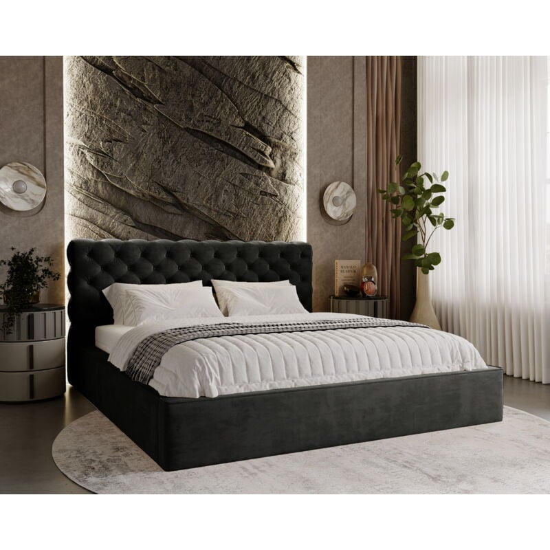 Ali Lit double 160x200 - Lit glamour, Lit coffre, sommier à lattes, Tissu velvet Noir (Magic Velvet 2219)