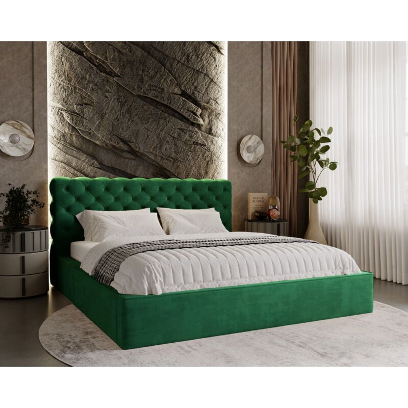 Emporius - Ali Lit double 160x200 - Lit glamour, Lit coffre, sommier à lattes, Tissu velvet Vert (Magic Velvet 2225)