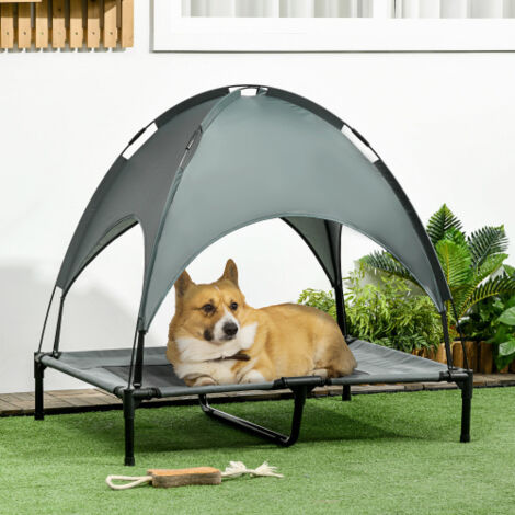 Lit Chien surélevé, lit de Camp pour Chien, Velum en Taffetas, Tissu textilène Micro-perforé + Sac de Transport Inclus, Facile à Assembler, 92x76x90cm, Gris