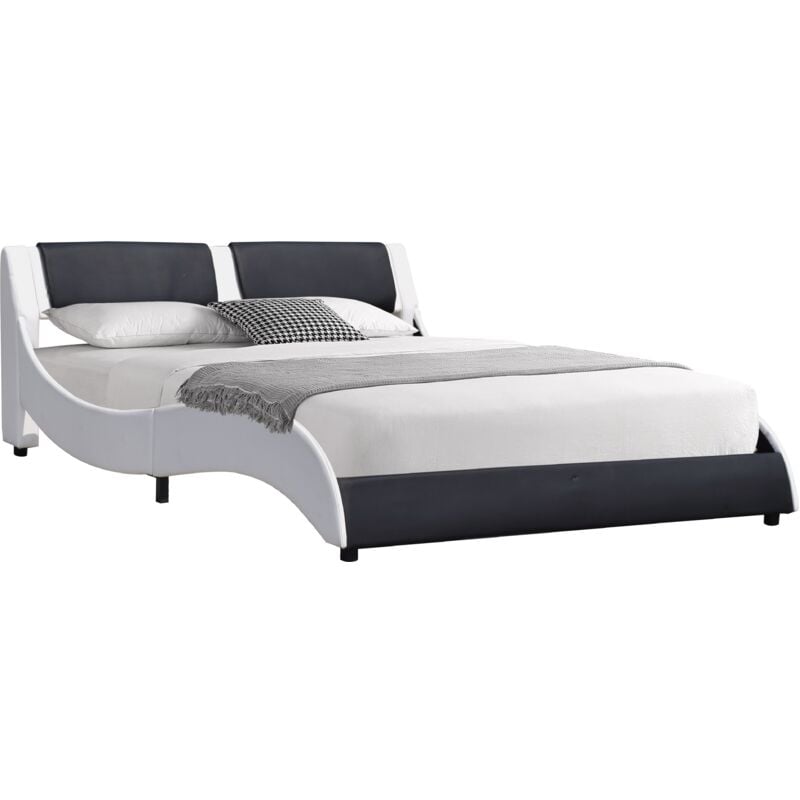 Lit clara pour matelas 140x190 - Sommier + Tête de Lit Couleur blanc & noir + Pieds en 5 cm pour matelas - 2 x 13 Lattes - revetement pvc Simili