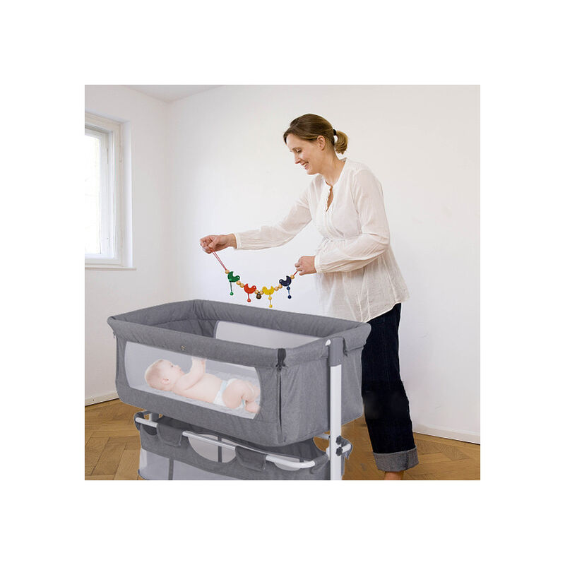 Lit Cododo Bébé 2 en 1, Hauteur Réglable Berceau Bébé, Matière Douce, Confortable et Respirante avec Panier de Rangement Amovible, Gris