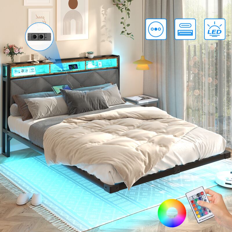Lit coffre 140 x 190 avec sommier, effet flottant, cadre de lit 140 x 190cm avec éclairage LED et 2 prises ca & ports USB, tête de lit rembourrée