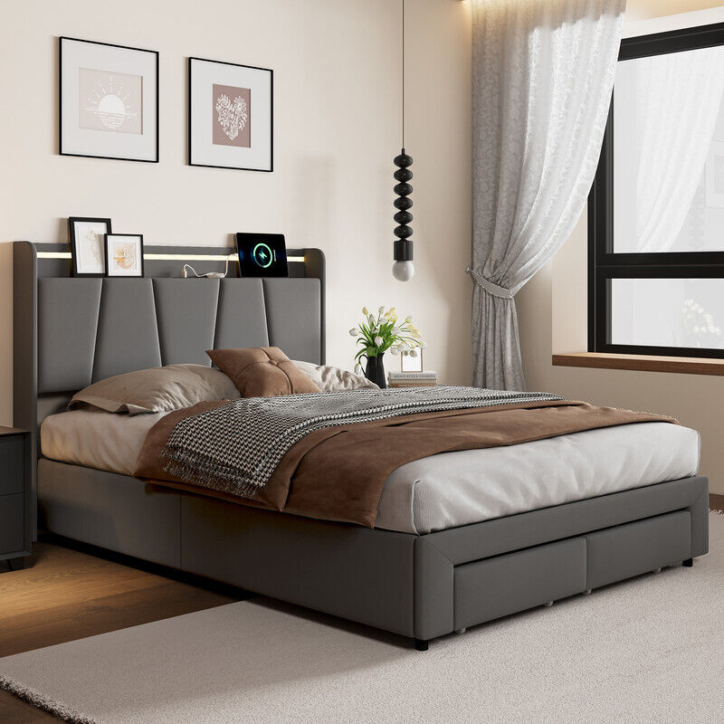 Lit coffre 140 x 190 avec sommier,lit 2 personnes avec LED et USB,pied de lit avec tiroir,lit 140x190 avec rangement et sommier à lattes en bois,lit