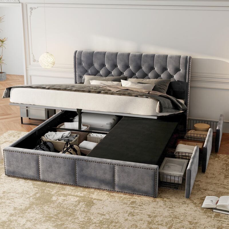 Lit coffre 140x190cm, avec 3 tiroirs, Lit double avec tête de lit décoration rivets, rangement hydraulique, sommier à lattes, cadre de lit, velours