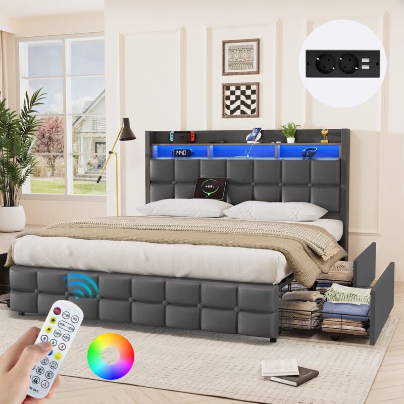 Lit Coffre 140x190 cm avec 4 Tiroirs, Lit Double Capitonné avec Éclairage led et Port usb, Lit 2 Personnes, Cadre de Lit 140x190, Gris