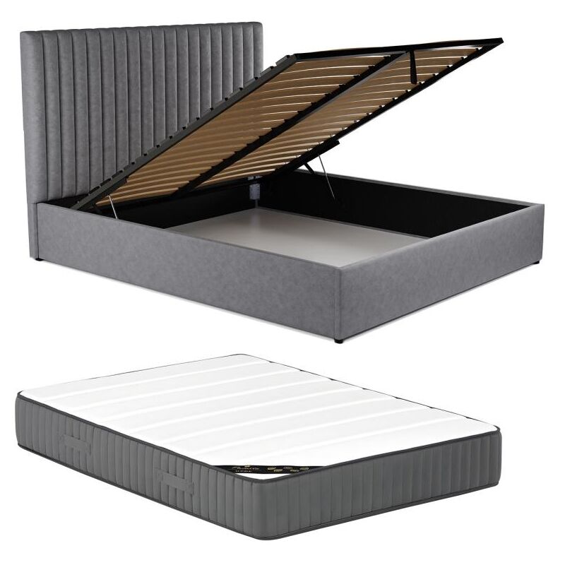 Lit coffre 140 x 190 cm avec tête de lit coutures verticales - Tissu - Gris + Matelas - sarah