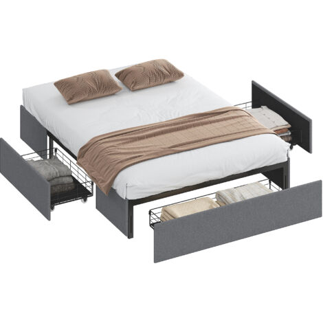 Lit coffre 140 x 190 cm, cadre de lit double rembourré avec 3 tiroirs, sommier à lattes en LVL, sans bruit, gris