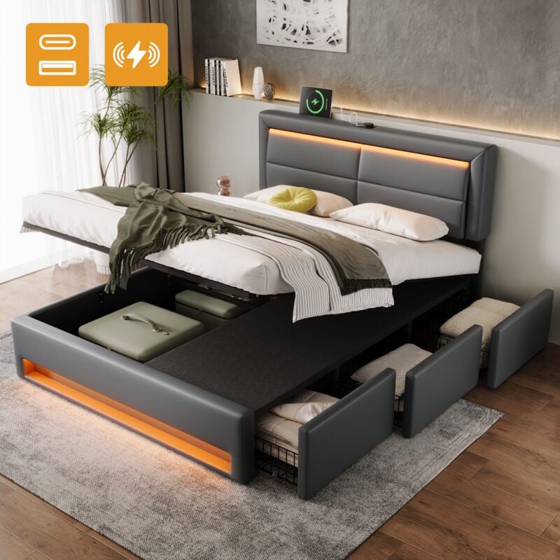 Lit coffre 140 x 190 cm, lit adulte double capitonné avec 3 tiroirs, led, port usb (sans fil et filaire), sans matelas, pu, gris