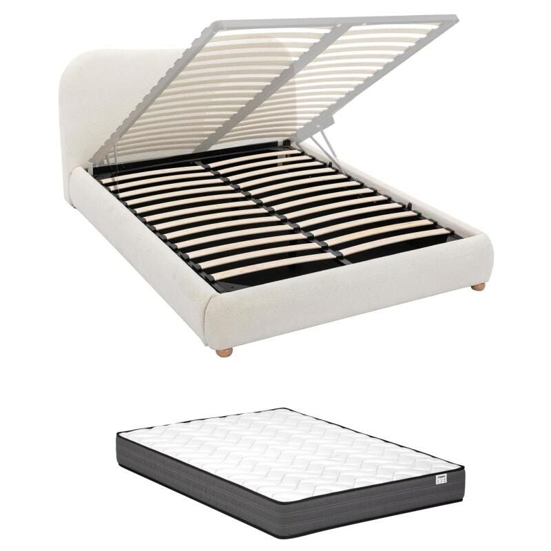 Vente-unique - Lit coffre 140 x 190 cm - Tissu bouclette - Blanc + Matelas - vanari