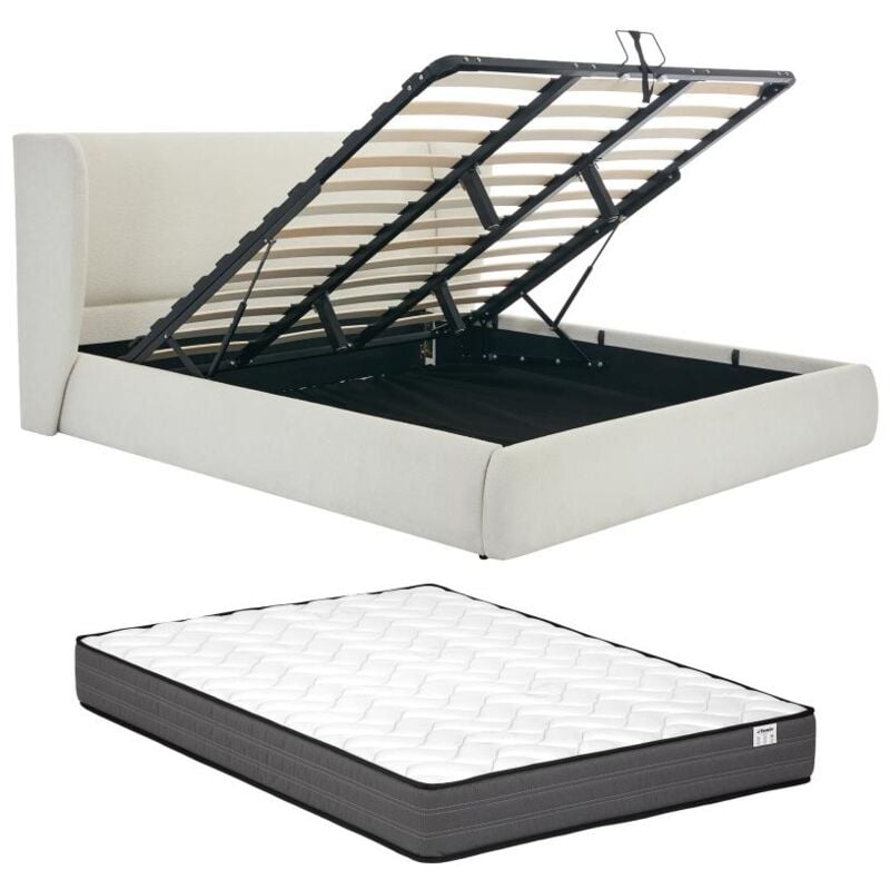 Vente-unique - Lit coffre 140 x 190 cm - Tissu bouclette - Crème + Matelas - cortaga