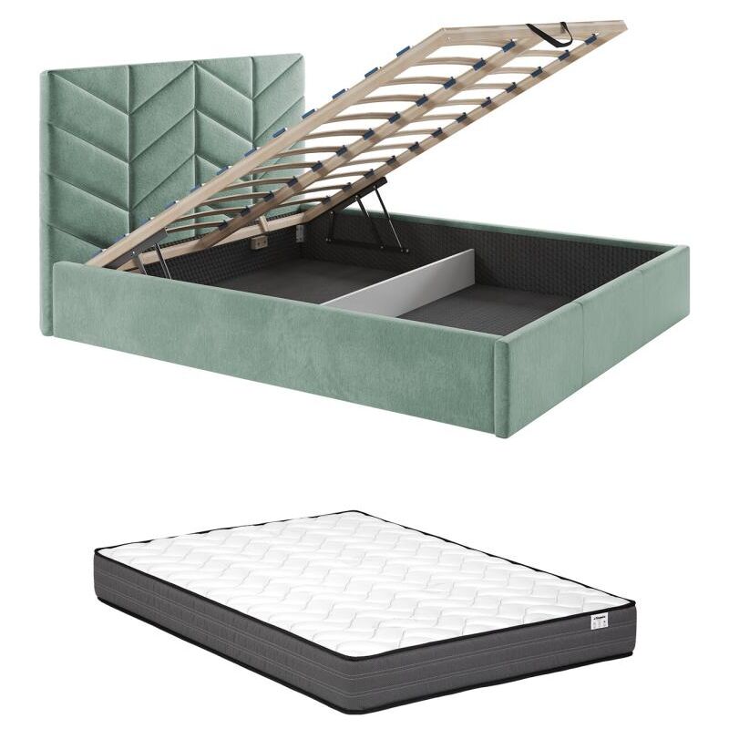Vente-unique - Lit coffre 140 x 190 cm - Tissu texturé - Vert amande + Matelas - justani