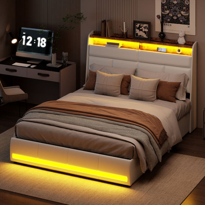 Lit coffre 140 x 200 avec sommier, lit 2 personnes avec rangement et éclairage led, lit 140 x 200 avec sommier à lattes en bois, lit double pour