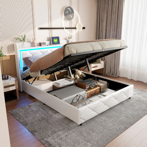 Lit coffre 140 x 200 cm avec éclairage d'ambiance LED, Sommier à lattes en cuir PU, Fonction de charge incluse, tige pneumatique, lit coffre - blanc
