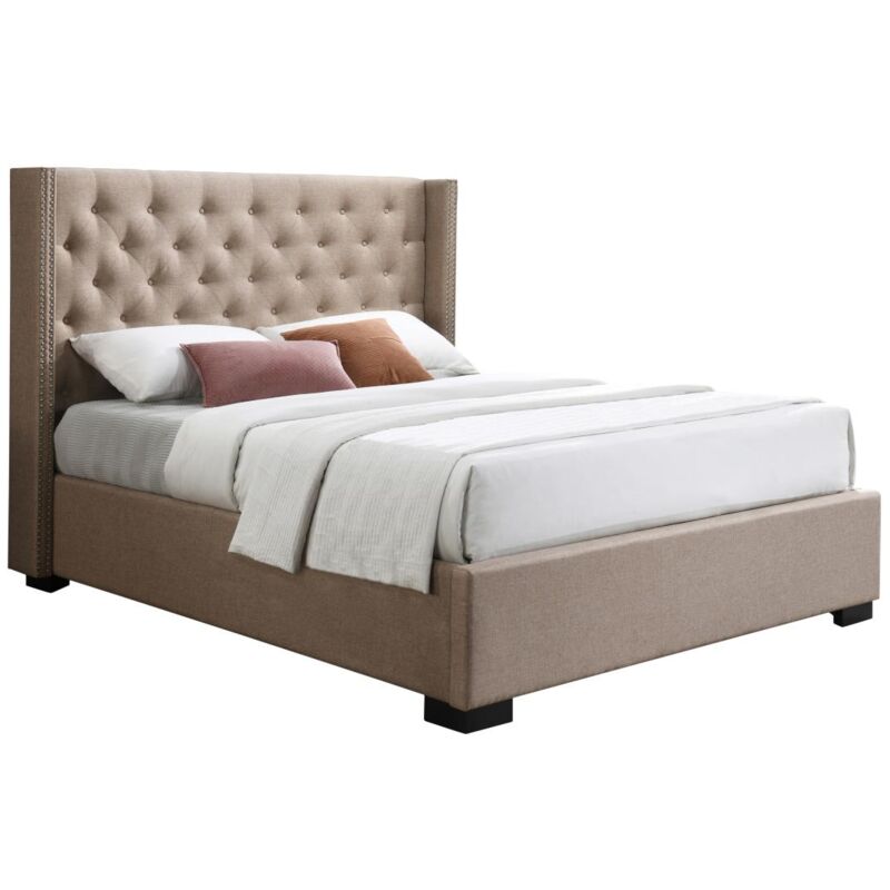 Vente-unique - Lit coffre 140 x 200 cm avec tête de lit capitonnée - Tissu - Beige - massimo