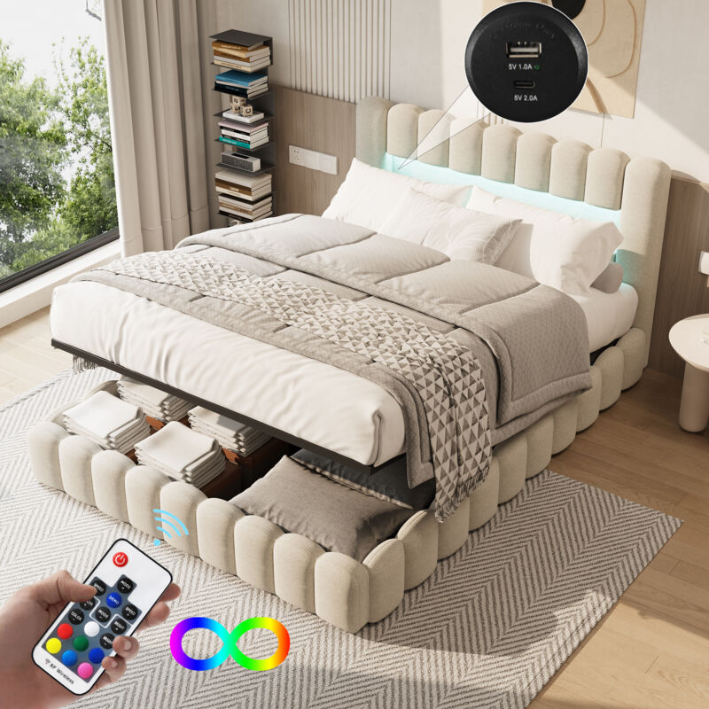 Lit coffre 160 x 200 cm, lit 160x200 avec sommier, avec port USB et LED, lit double, Lit Rembourré, cadre de lit, Lin, beige