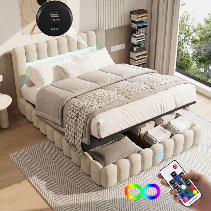 Lit coffre 180 x 200 cm, lit 180x200 avec sommier, avec port USB et LED, lit double, Lit Rembourré, cadre de lit, Lin, beige