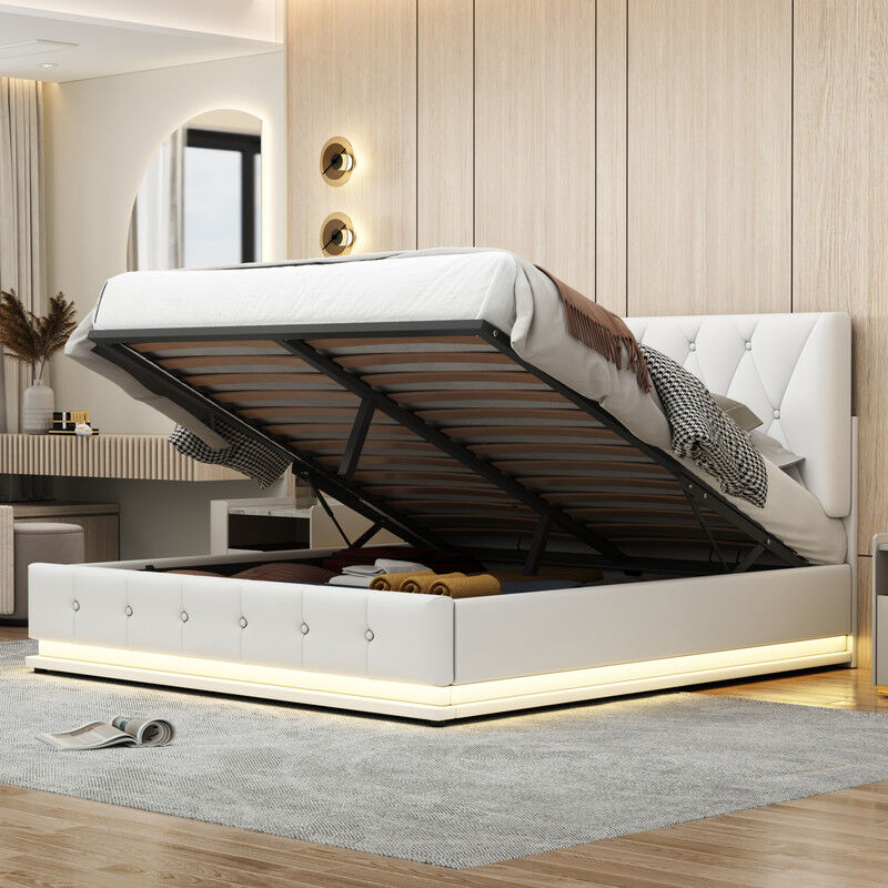 Blanketswarm - Lit coffre 140 x 200, lit adulte, tête de lit réglable en hauteur, lit rembourré avec ruban lumineux led réglable, lit hydraulique