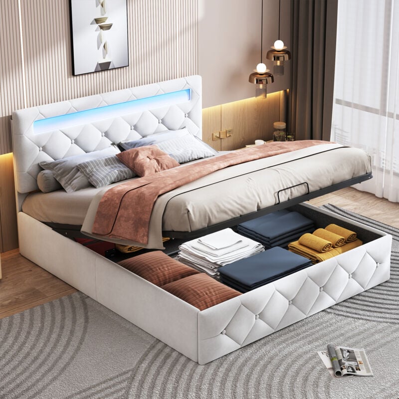 Pergar - lit coffre 140x200 velours,lit double capitonné,lit adulte avec LED,tête de lit réglable,beige