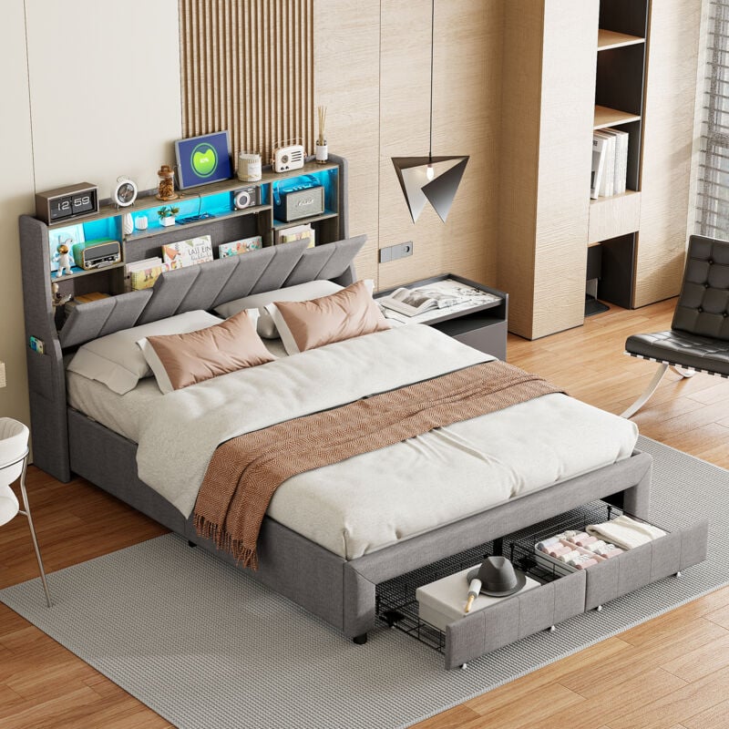 Lit coffre 140 x 200,Lit 140 x 200 avec sommier,Lit adult avec LED,port USB,2 tiroirs,tête de lit avec coffre de rangement,lin,Gris