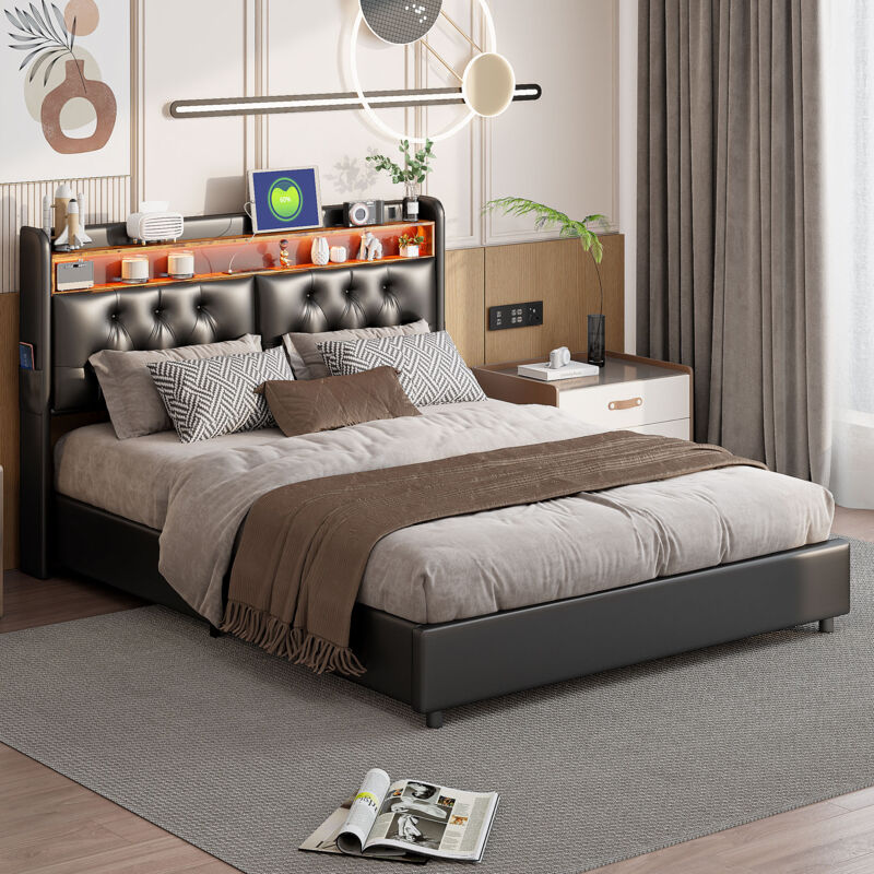 Lit coffre 140 x 200,lit double adulte avec sommier,lit capitonné, tête de lit rangement, dossier moelleux, led réglable, port de chargement, pu,