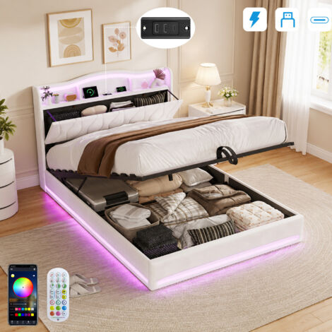 Lit Coffre 140×200 avec LED et Ports USB,Tête de Lit capitonné avec Étagères Ouvertes et Rangement Caché, Lit 2 personnes avec Hydraulique, Sommier à Lattes, Velours,Beige