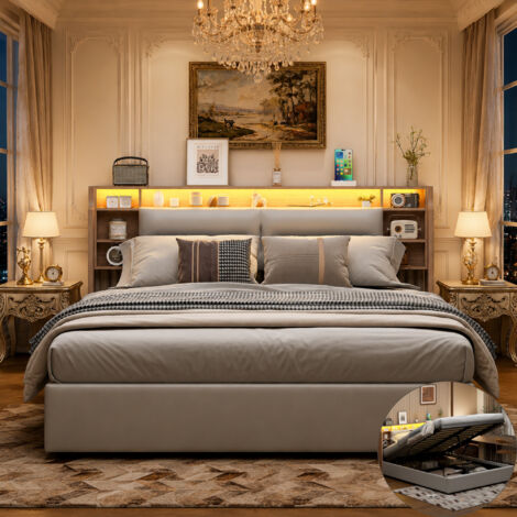 Lit Coffre 140×200 avec LED,Tête de Lit capitonné avec Étagères Ouvertes et Tête de Lits Capitonné, Lit 2 personnes avec Rangement Hydraulique, Sommier à Lattes, PU,Blanc