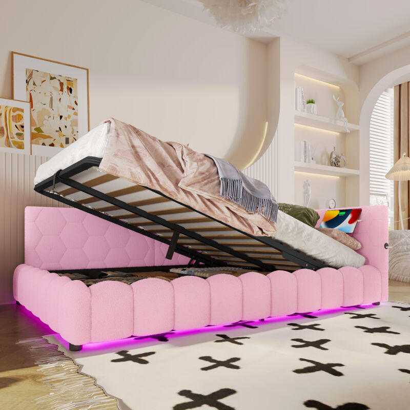 Lit coffre 140×200 cm, canapé-lit, led, hydraulique, interface USB+Type-C, Imitation cachemire, rose, sans matelas