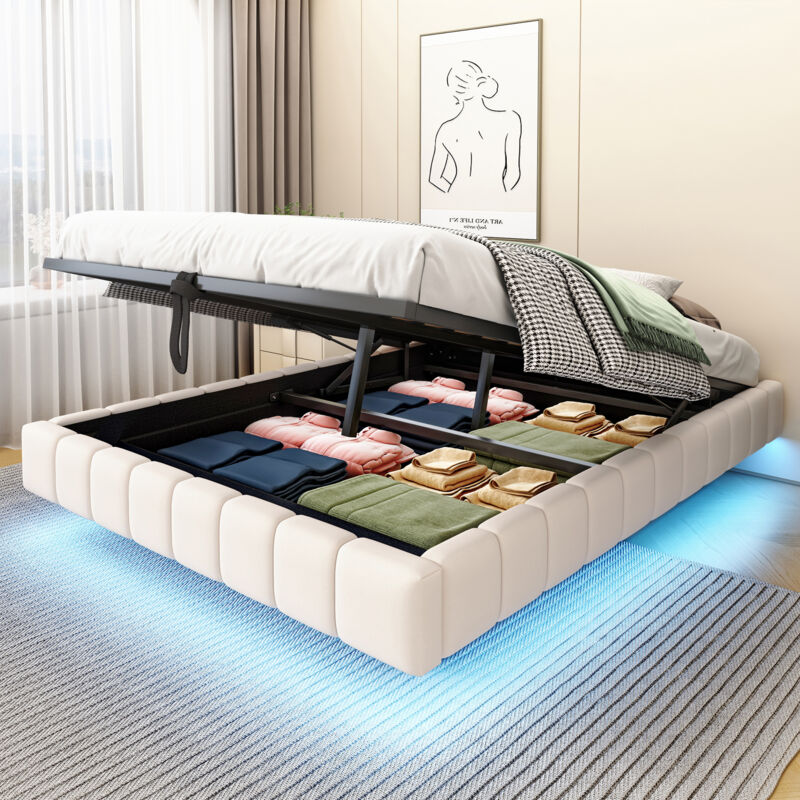 Modenvie Polsterbett 140×200 Mit Bettkasten Und Lattenrost, doppelbett Jugendbett Mit Led-licht, schwebebettrahmen Ohne Kopfteil, beige(ohne Matratze)