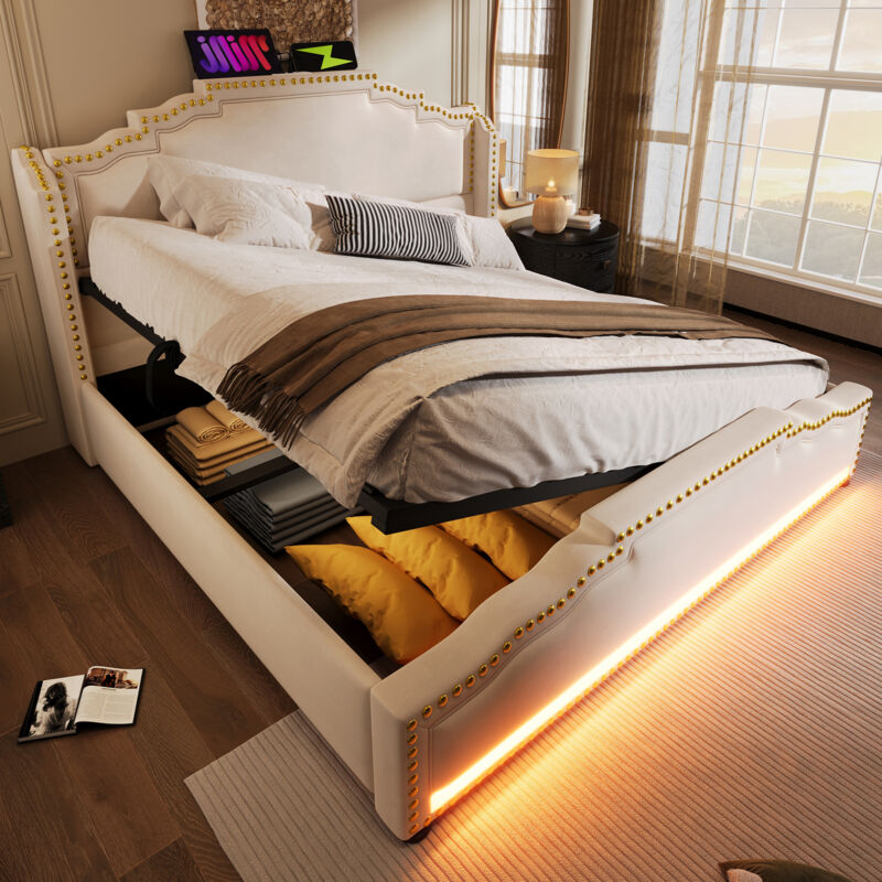 Lit Coffre 140×200 cm, Lit Double avec Rangement Hydraulique, LED Réglable, USB et Type C, sans Matelas, Velours Beige
