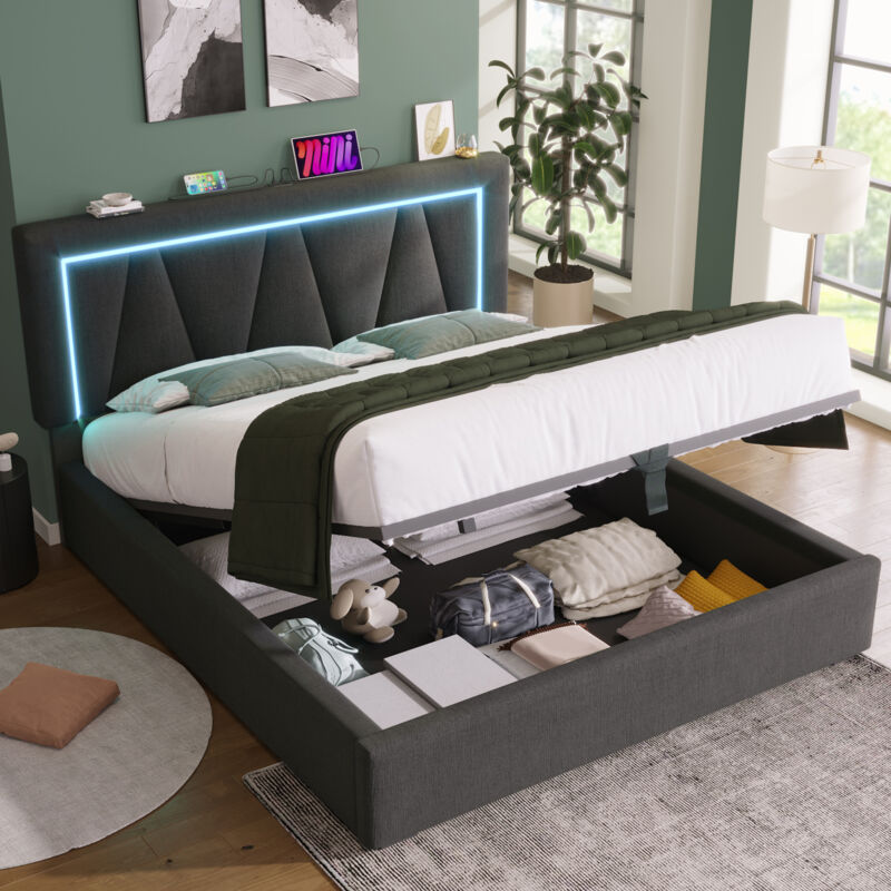 Modenvie Polsterbett 140x200cm Jugendbett Mit Usb&typ-c Ladefunktion, doppelbett Mit Lattenrost&led-beleuchtung, grau(ohne Matratze)