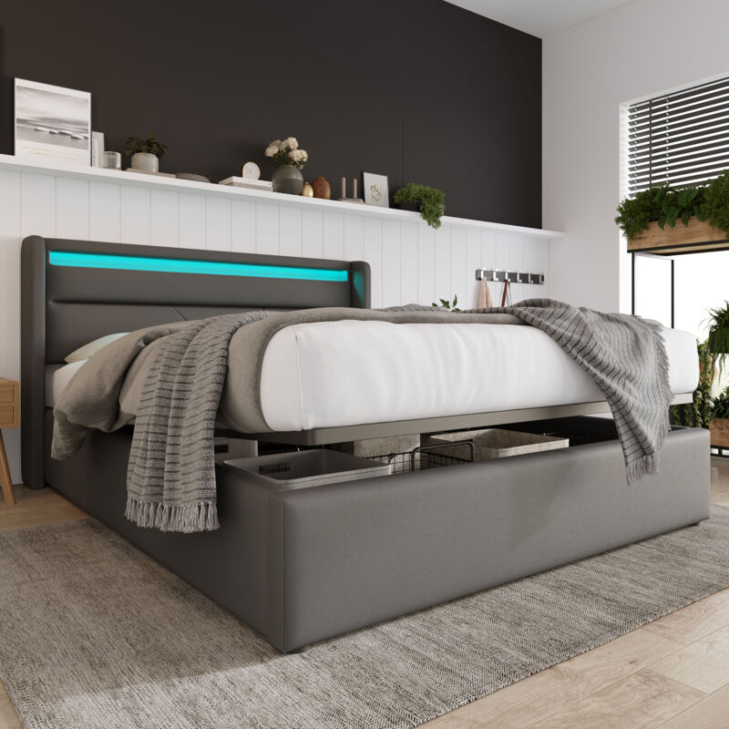 Modenvie Boxspringbett Polsterbett 140 X 200 Cm Hydraulisches Stauraumbett Mit Bettkasten & Led-beleuchtung, pu, grau(mit Matratze)