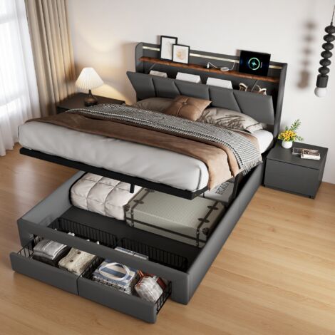 Lit Coffre 140x190 avec LED et Charge USB/Type-C et 2 Tiroirs,Tête de Lit Capitonné avec Rangement,Cadre de Lit Double Adulte avec Sommier,Gris foncé