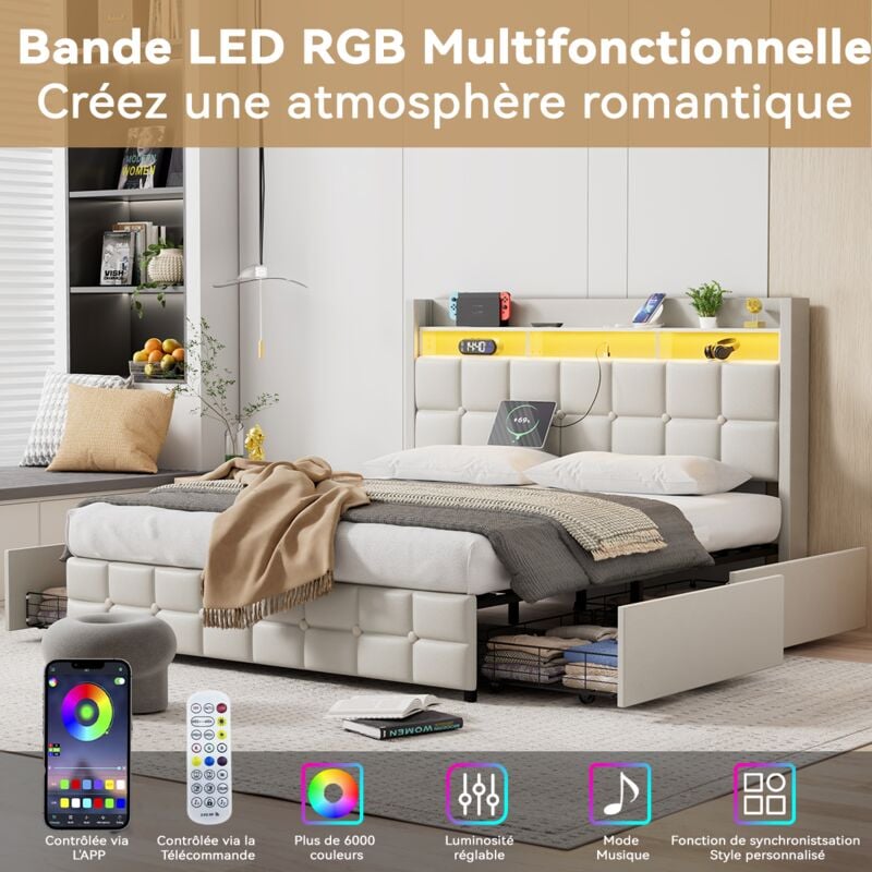 Janzdiys - Lit Coffre 140x190 avec Sommier, Lit Double avec 4 Tiroirs de Rangement et led et 2 usb, Tete de Lit et éclairage led, Lit 2 Personnes