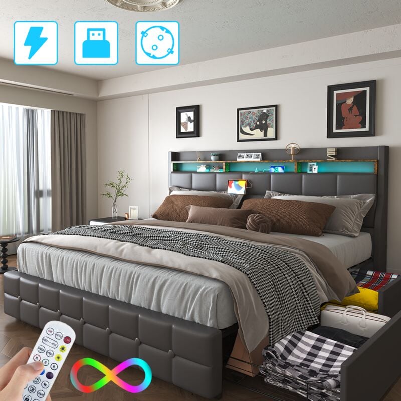 Janzdiys - Lit Coffre 140x190 avec Sommier, Lit Double avec 4 Tiroirs de Rangement et led et 2 usb, Tete de Lit et éclairage led, Lit 2 Personnes