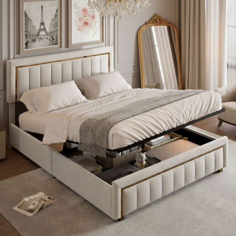 Lit coffre 140x190 avec sommier, lit double capitonné avec hydraulique rangement et tête de lit, lit 2 personnes pour adultes et adolescents,velours, beige