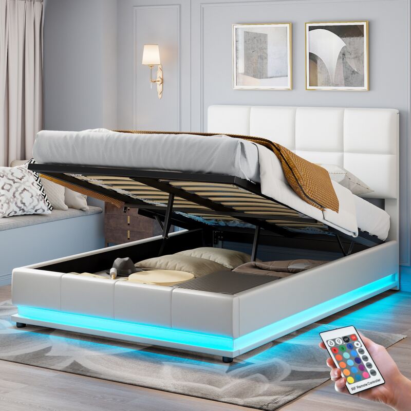 Lit coffre 140x190 cm, 2 places, avec led, espace de rangement pour hydraulique, tissu similicuir, lit double capitonné - Blanc