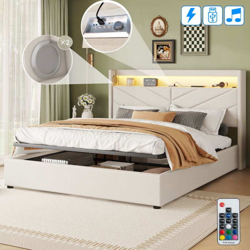 Dans Les Nuages - Lit coffre 140x190 cm, 2 places, avec led, hydraulique de rangement, enceinte stéréo, sommier à lattes en bois, cadre en métal, lit